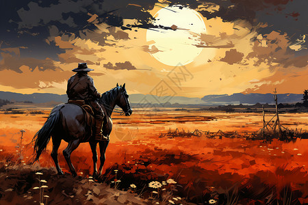 骑马帽夕阳田野中的骑士油画插图插画