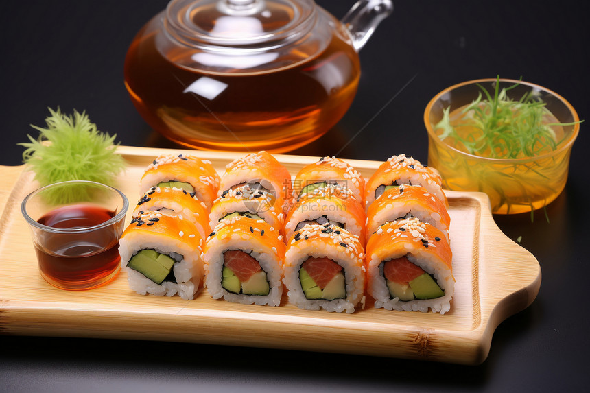 精致摆盘的日式三文鱼寿司图片