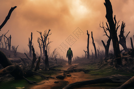 孤独的小路末日森林中孤独的男子插画