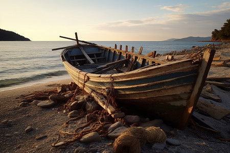 海边沙滩上废弃的木船图片