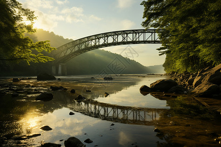 缆索早晨阳光照亮的小桥背景