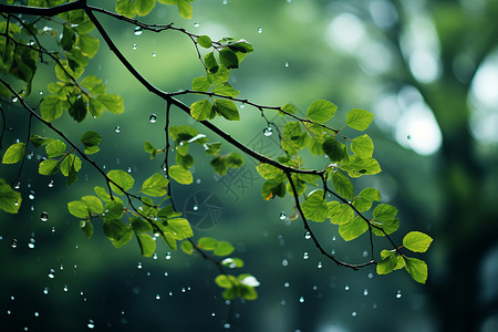 绿色树枝树叶雨水滴落的大树背景