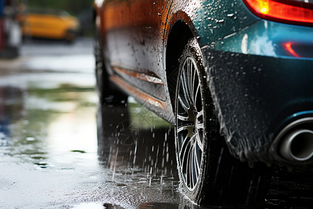 湿漉漉的街边汽车高清图片