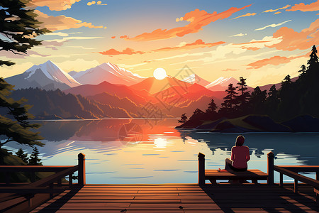码头日落美丽的夕阳湖泊插画