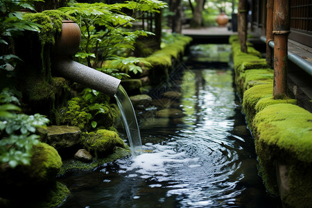 静谧的中式园林建筑小溪流图片