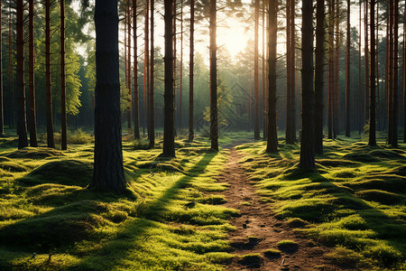 日出阳光明媚的森林景观图片