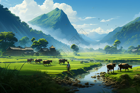 雾气弥漫的乡村稻田插图图片