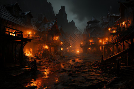夜晚的村庄煤矿矿区的房屋灯光设计图片