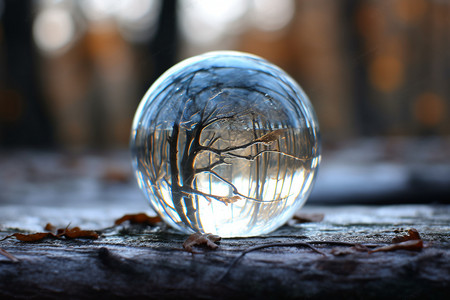 秋季树林中透明的水晶球图片