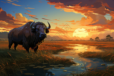 稻田里的水牛背景图片
