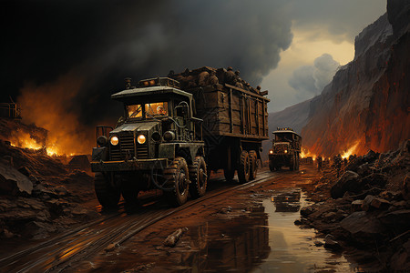 矿山中运送煤炭的货车图片