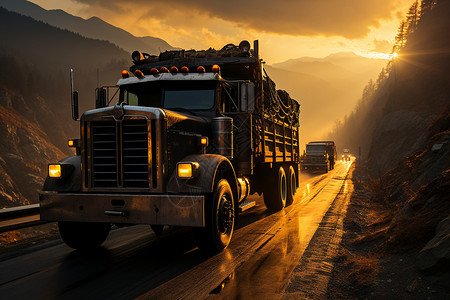 夕阳下道路上行驶的运输货车图片