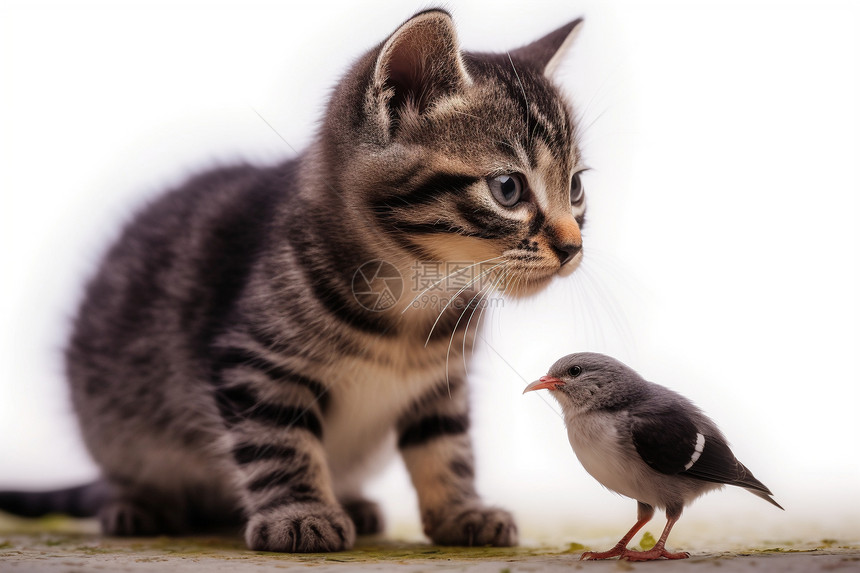 互相注视的小猫和鸟图片