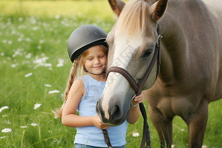 草地上遛马的小女孩图片