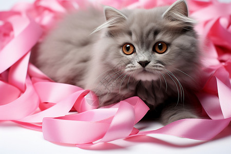 粉色丝带里的小猫图片
