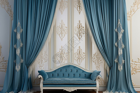 窗前青色与华丽窗帘背景图片
