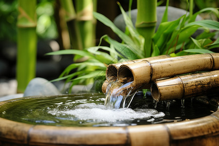 中国风水池竹子竹林里的泉水背景