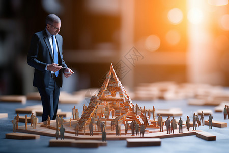 建筑男子男子站在木制金字塔模型前设计图片
