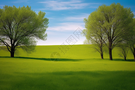 蓝天下的草坪绿树图片