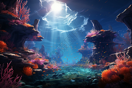 水下礁石海底珊瑚礁插画