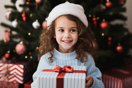圣诞树前拿圣诞礼物的可爱小女孩图片