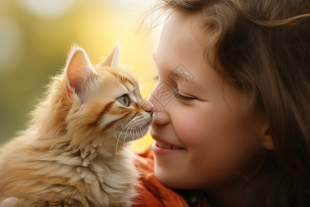 猫咪亲吻女孩的鼻子高清图片