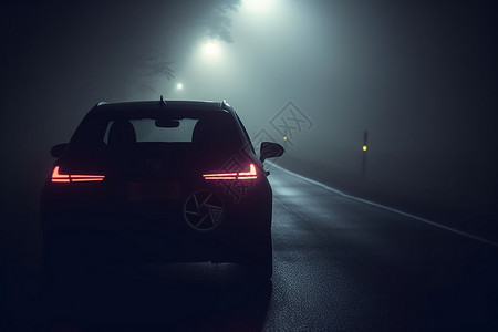 深夜迷雾中行驶的现代汽车背景图片