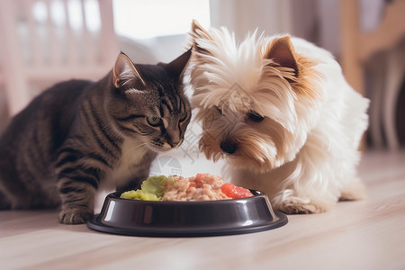 正在进食的小猫和小狗背景图片