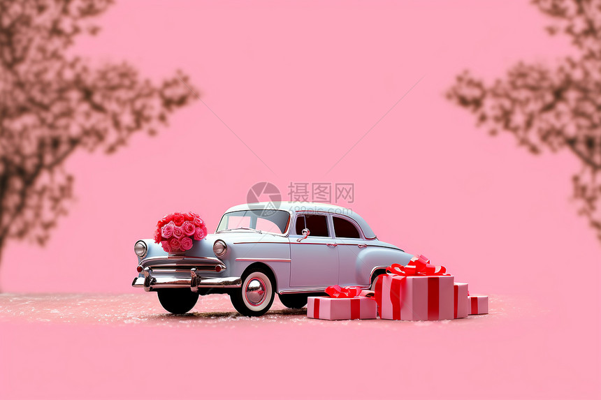 粉色背景中的小车和礼物图片