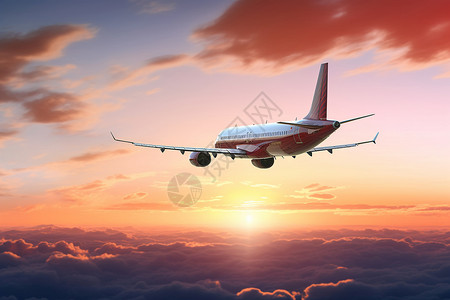 日落时飞行的飞机图片