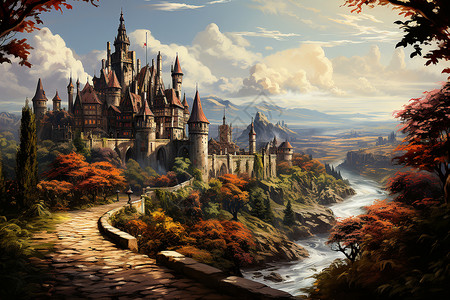 石桥上的城堡建筑背景图片