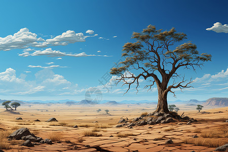 土地裂纹干旱土地中的树木插画