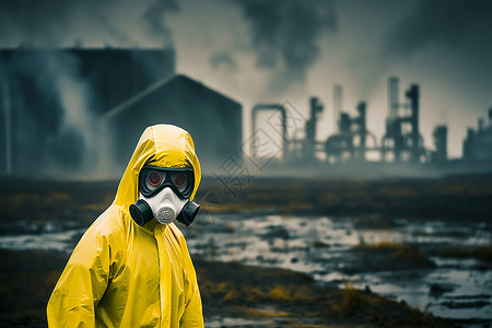 核污染穿着防护服和面具的人背景