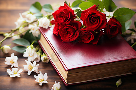 桌子上的书籍和玫瑰花图片
