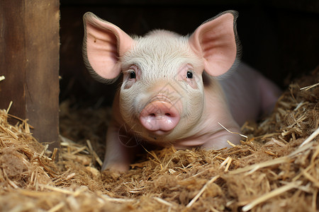 干草堆中的小猪动物背景图片