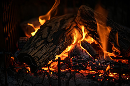 夜晚燃烧的木材背景图片
