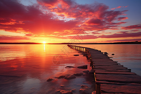 夕阳时海面上的木桥背景图片
