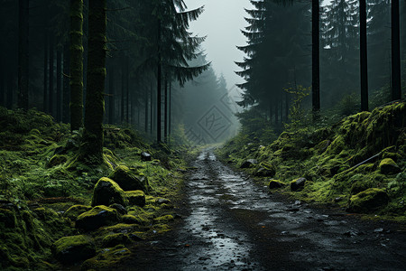 雾蒙蒙的森林小路图片