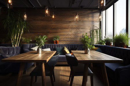 餐厅内的绿植和桌椅背景图片