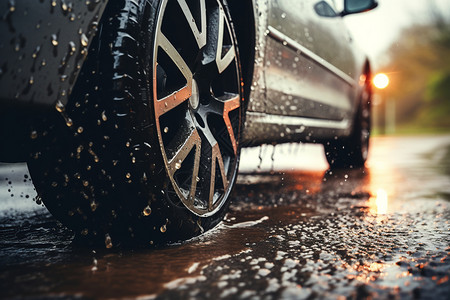 路上行驶的汽车雨天道路上的水花背景