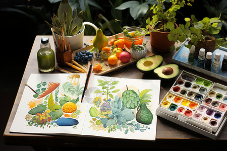 水果和蔬菜的静物画图片