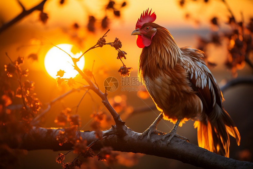 日落时树木上的公鸡图片