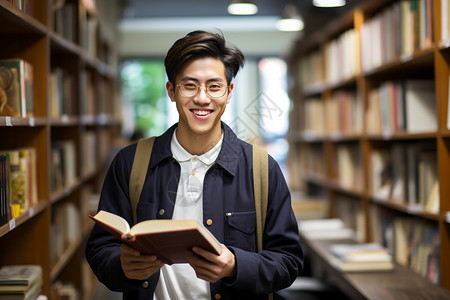 图书馆拿着书籍的男孩图片