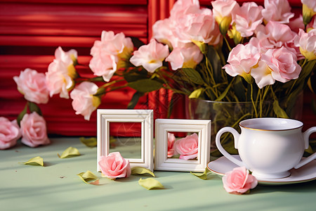 桌子上的花卉和相框图片