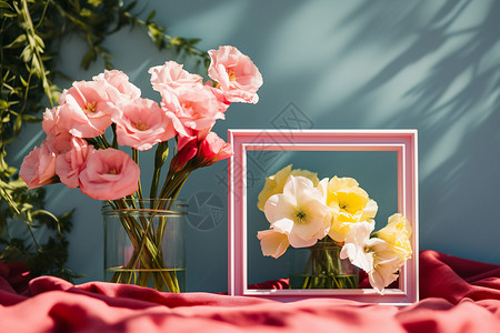 相框花朵花瓶旁的简约相框背景