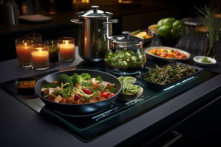 电磁炉上烹饪的蔬菜图片