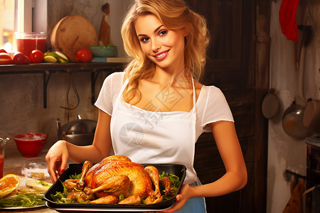 厨房烹饪鸡肉的女人背景图片