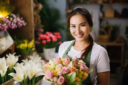 花店中拿着花朵的女人图片