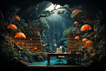 绚丽室内科幻的书房装饰插画