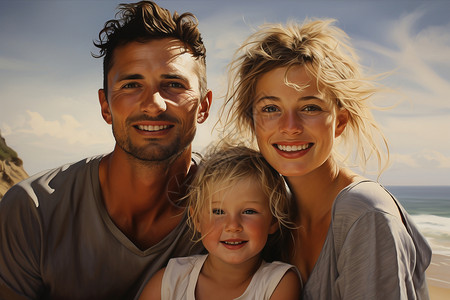 微笑的一家人沙滩上的一家人插画